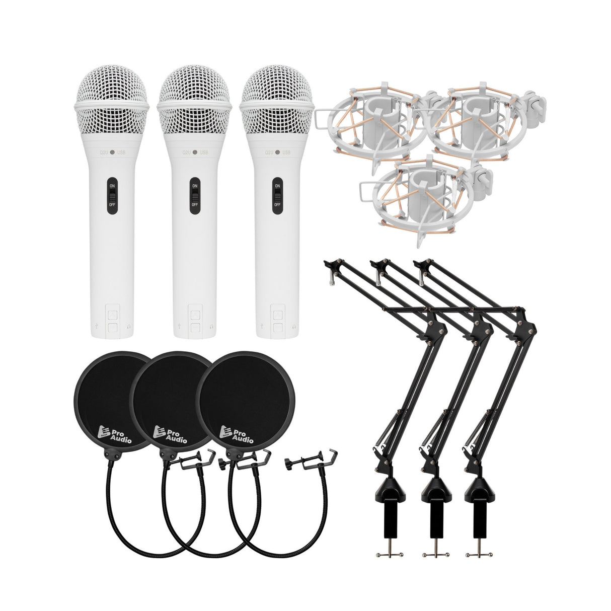 Samson Q2U Dynamic USB Mic with Shockmounts, Boom Arms, Pop Filters (3-pack)
