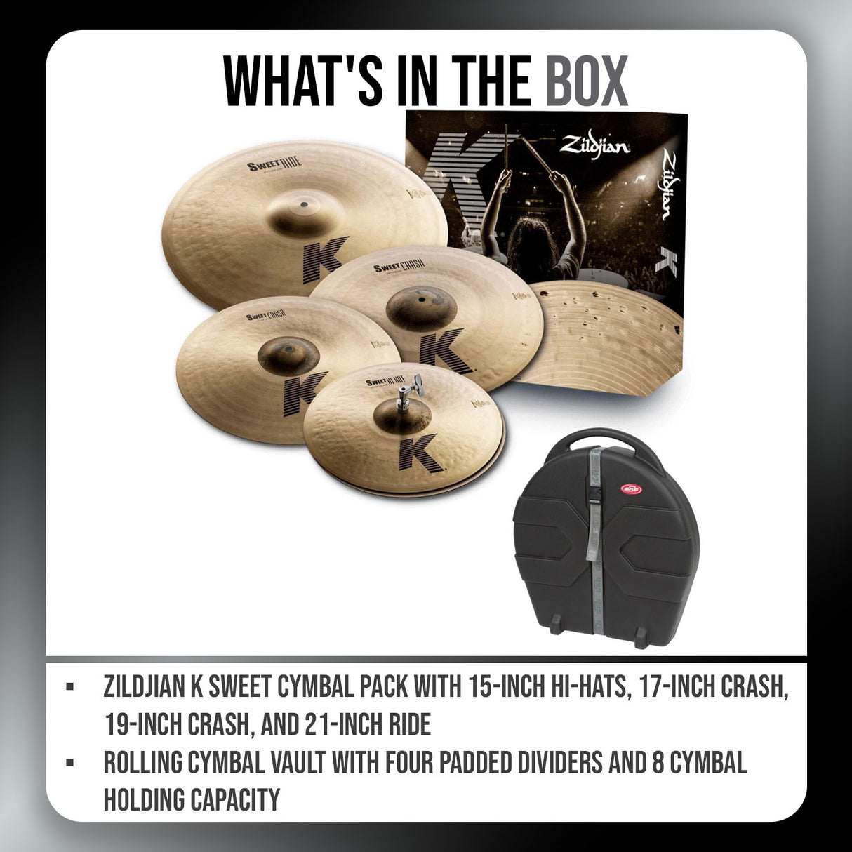 Zildjian K Sweet Hi Hats Crash and Ride Cymbal Pack with Rolling Vault Bundle