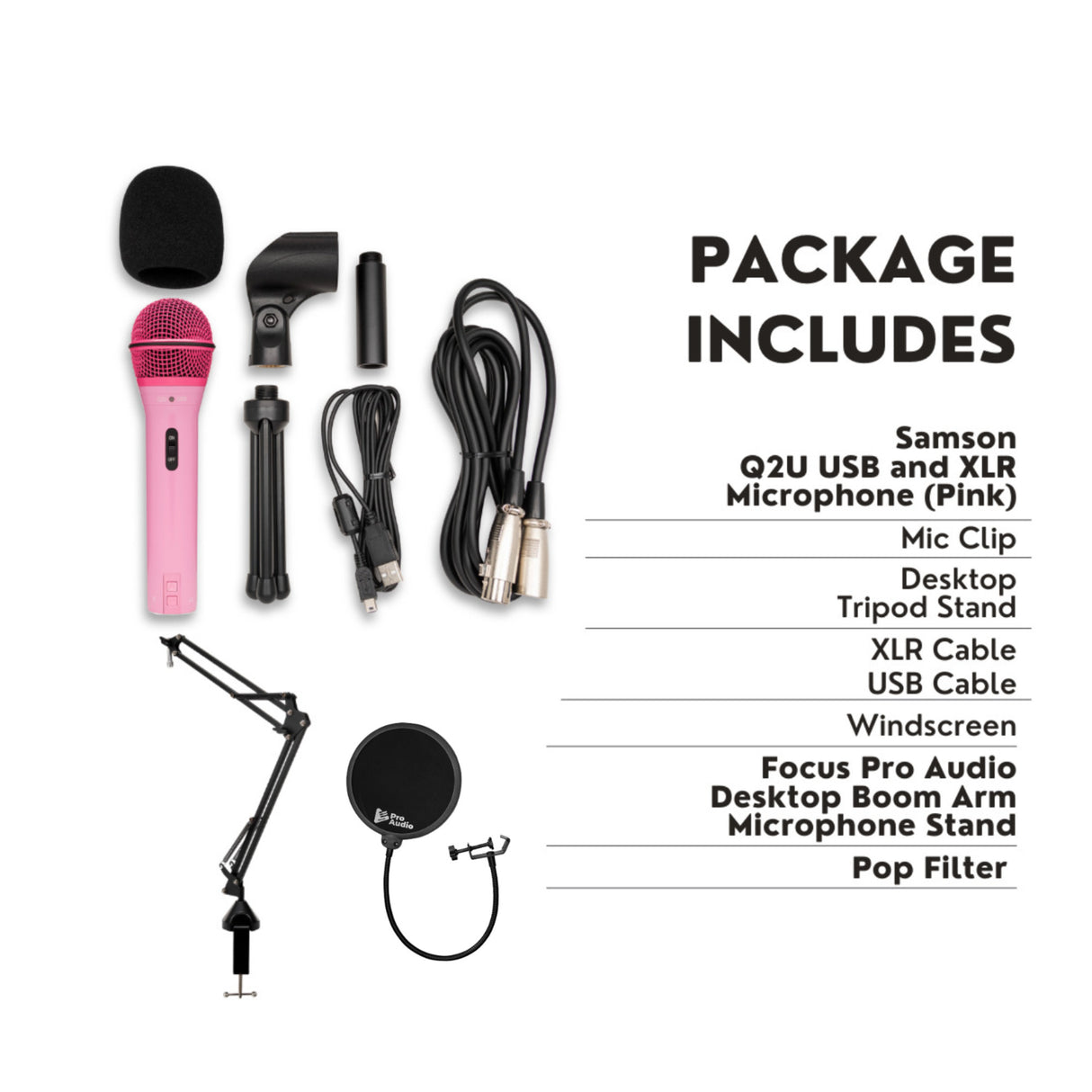 Samson Q2U USB and XLR Pink Microphone and Boom Arm Microphone Stand Bundle