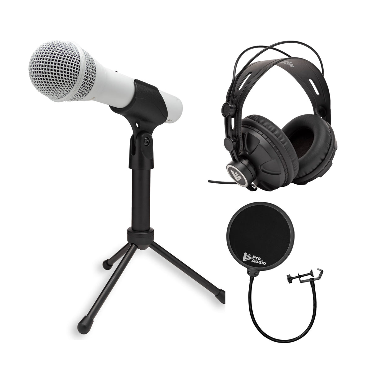 Samson Q2U USB and XLR Handheld White Dynamic Microphone and Headphones Bundle