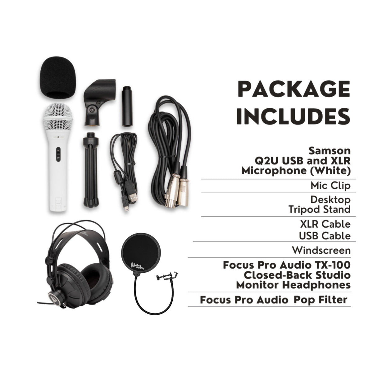 Samson Q2U USB and XLR Handheld White Dynamic Microphone and Headphones Bundle