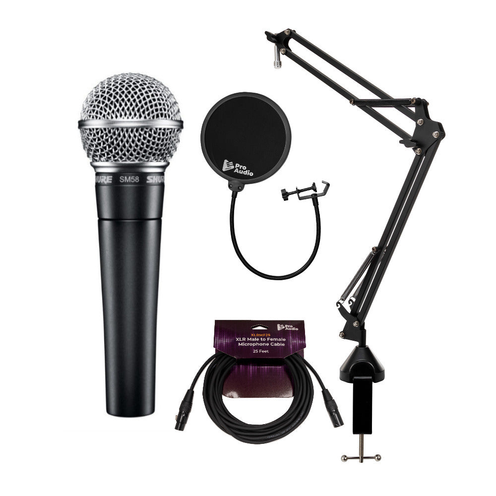 Shure SM58-LC Vocal Microphone with Knox Gear Boom Arm, Pop Filter and XLR Cable