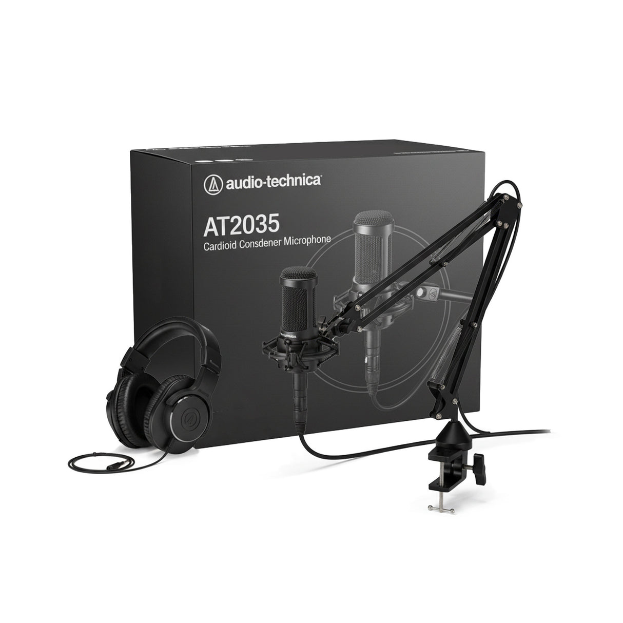 Audio-Technica AT2035 Vocal Microphone with Monitor Headphones and Mic Stand