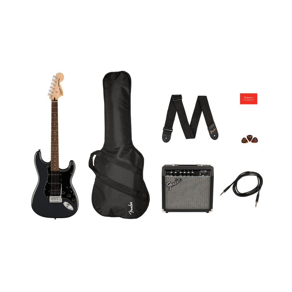Squier Affinity Strat HSS Pack, Charcoal Frost Metallic with Gig Bag and 15G Amp