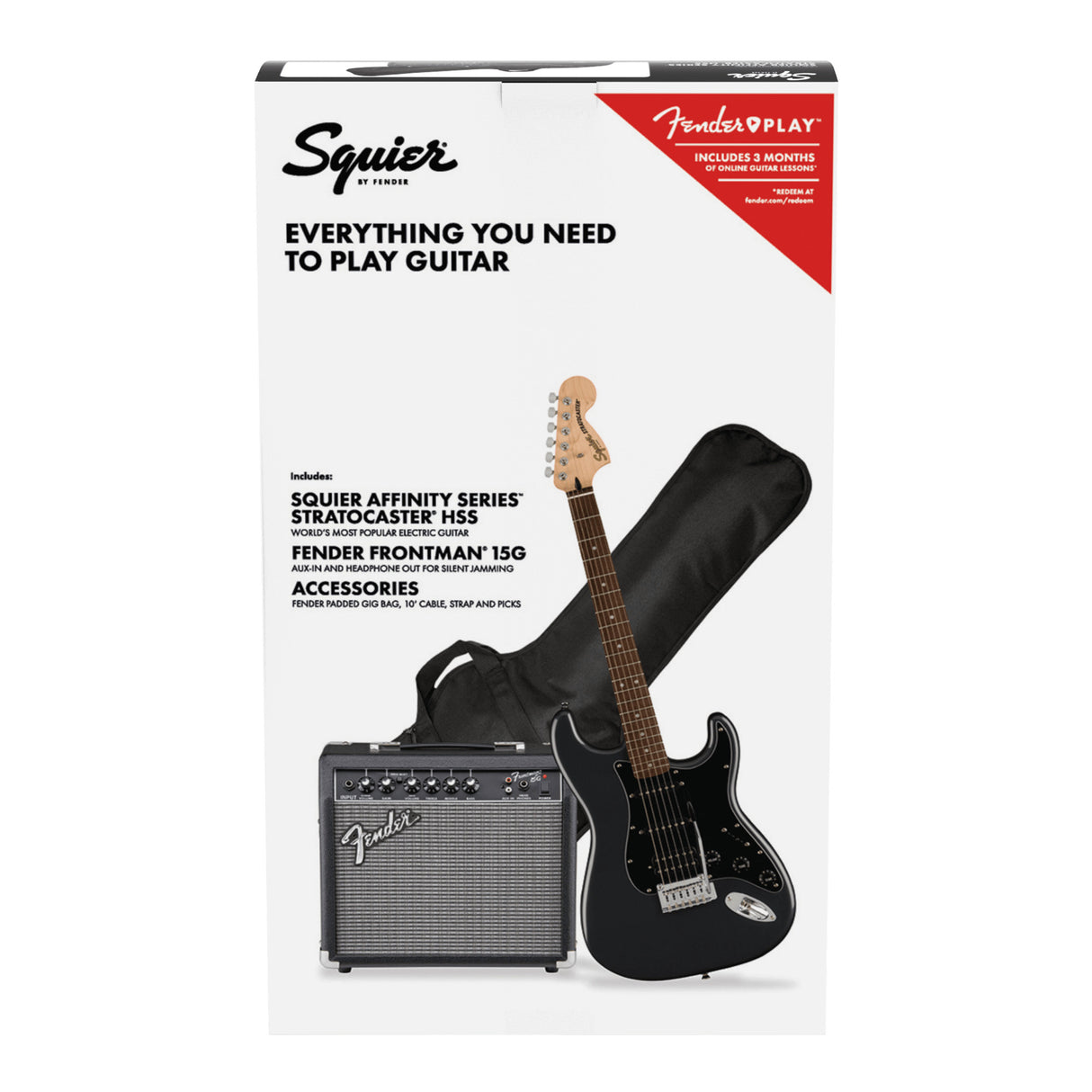 Squier Affinity Strat HSS Pack, Charcoal Frost Metallic with Gig Bag and 15G Amp