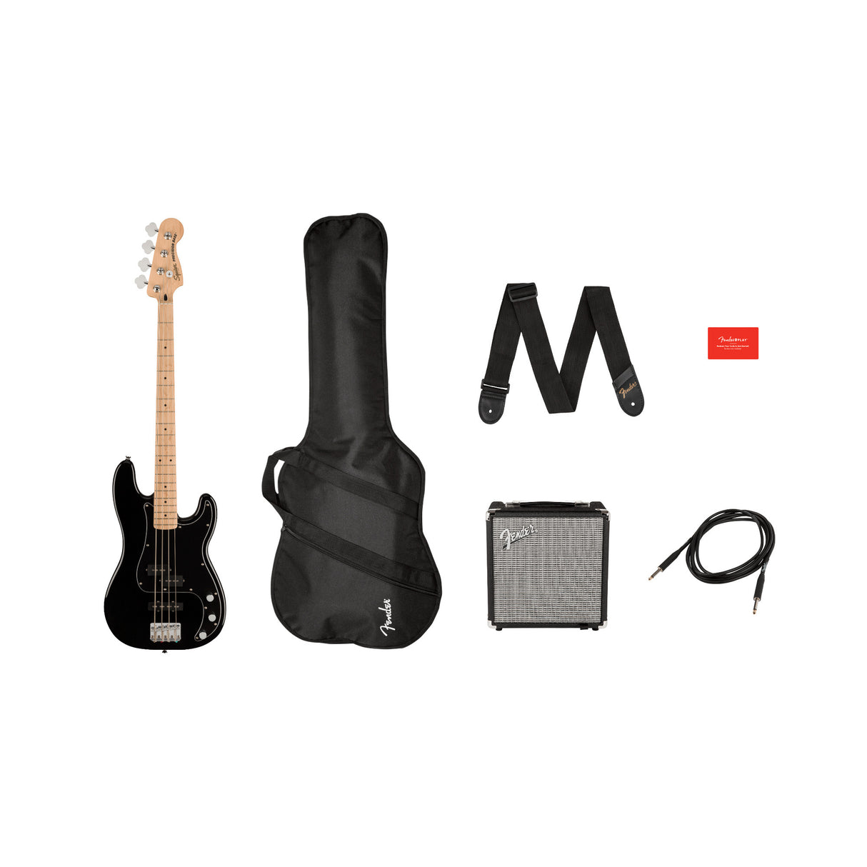 Squier Affinity Precision Bass PJ Pack Black with Gig Bag and Rumble 15 Amp 120V