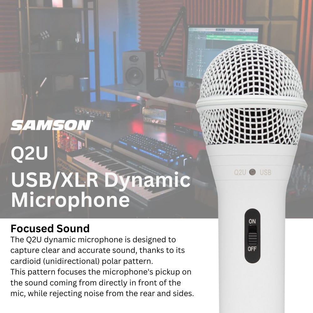 Samson Q2U USB and XLR White Microphone and Boom Arm Microphone Stand Bundle