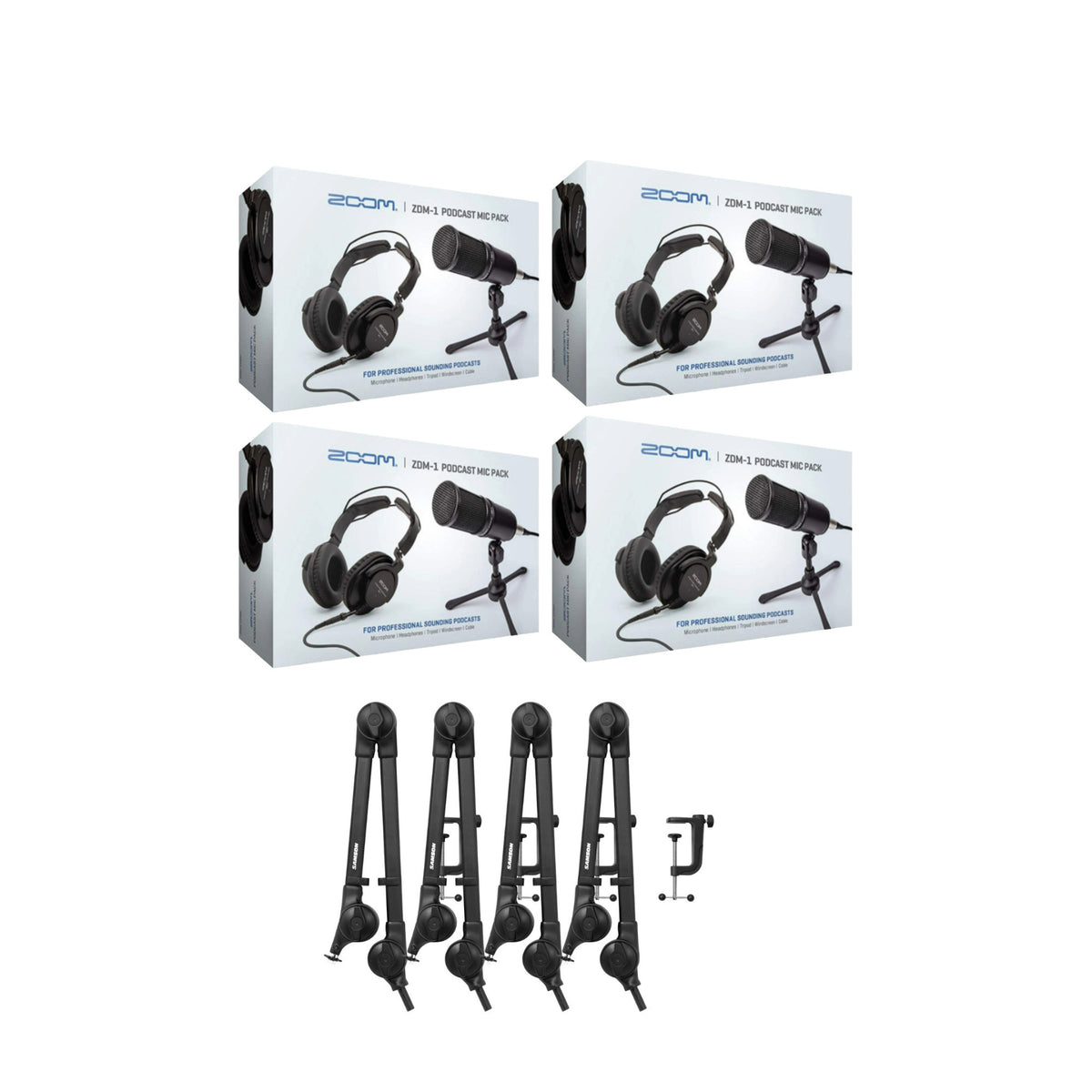 Zoom ZDM-1 4-Person Podcast Microphone Pack Accessory Bundle & Four Boom Arm (Open Box)