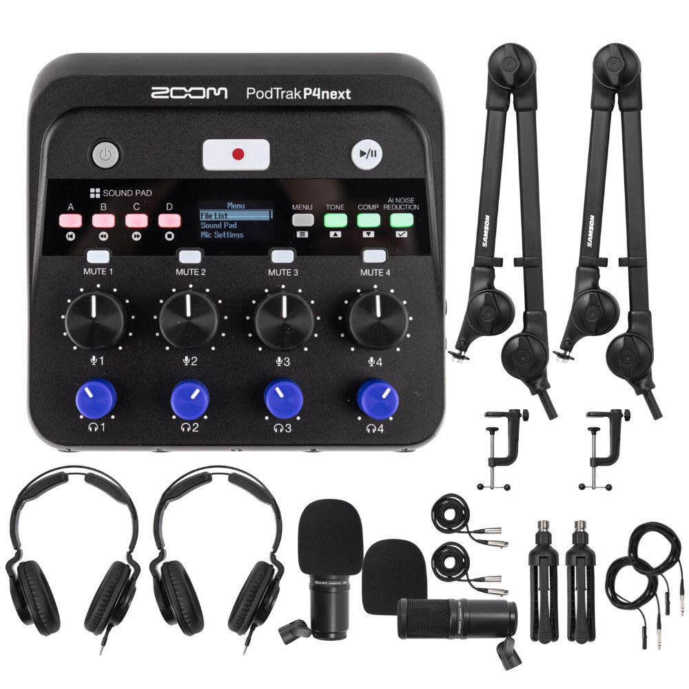 Zoom PodTrak P4next Podcast Recorder Bundle with 2 Mic Packs and Stands (Open Box)