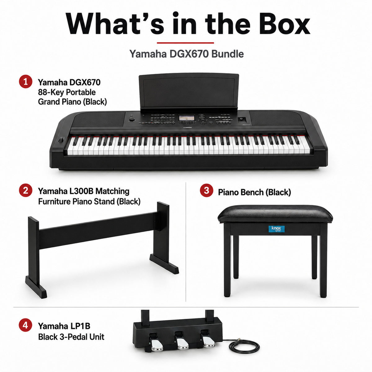 Yamaha DGX670 88-Key Portable Grand Piano Bundle with Stand, Bench, and Pedal (Black)