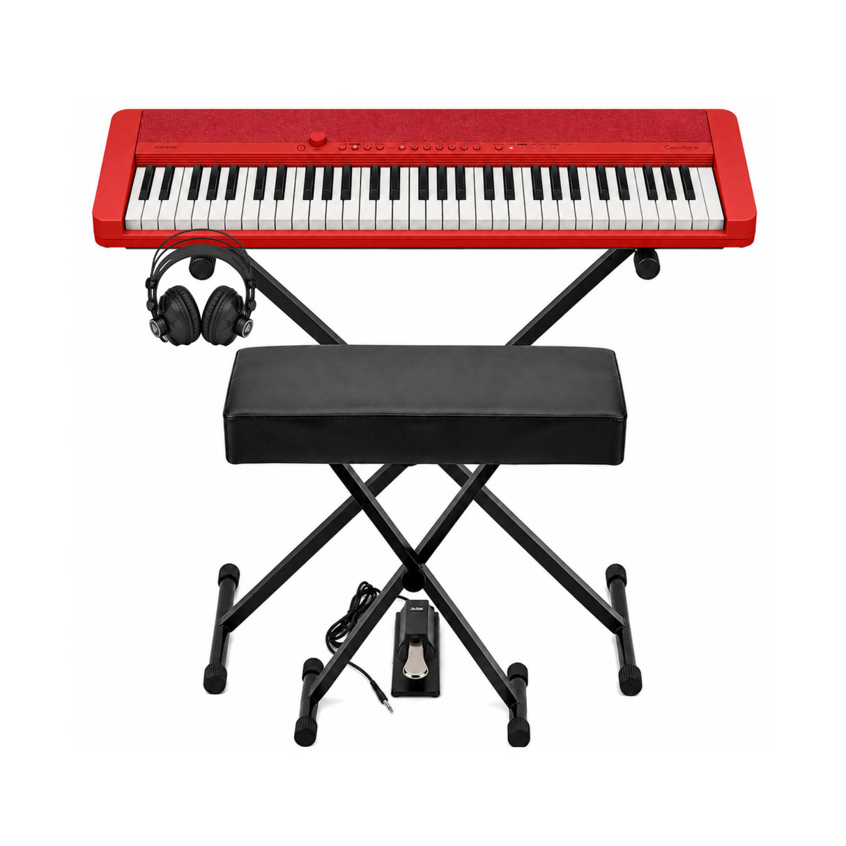 Casio Casiotone CT-S1 Red 61-Key Keyboard Bundle with Stand, Bench, Sustain Pedal, and Headphones