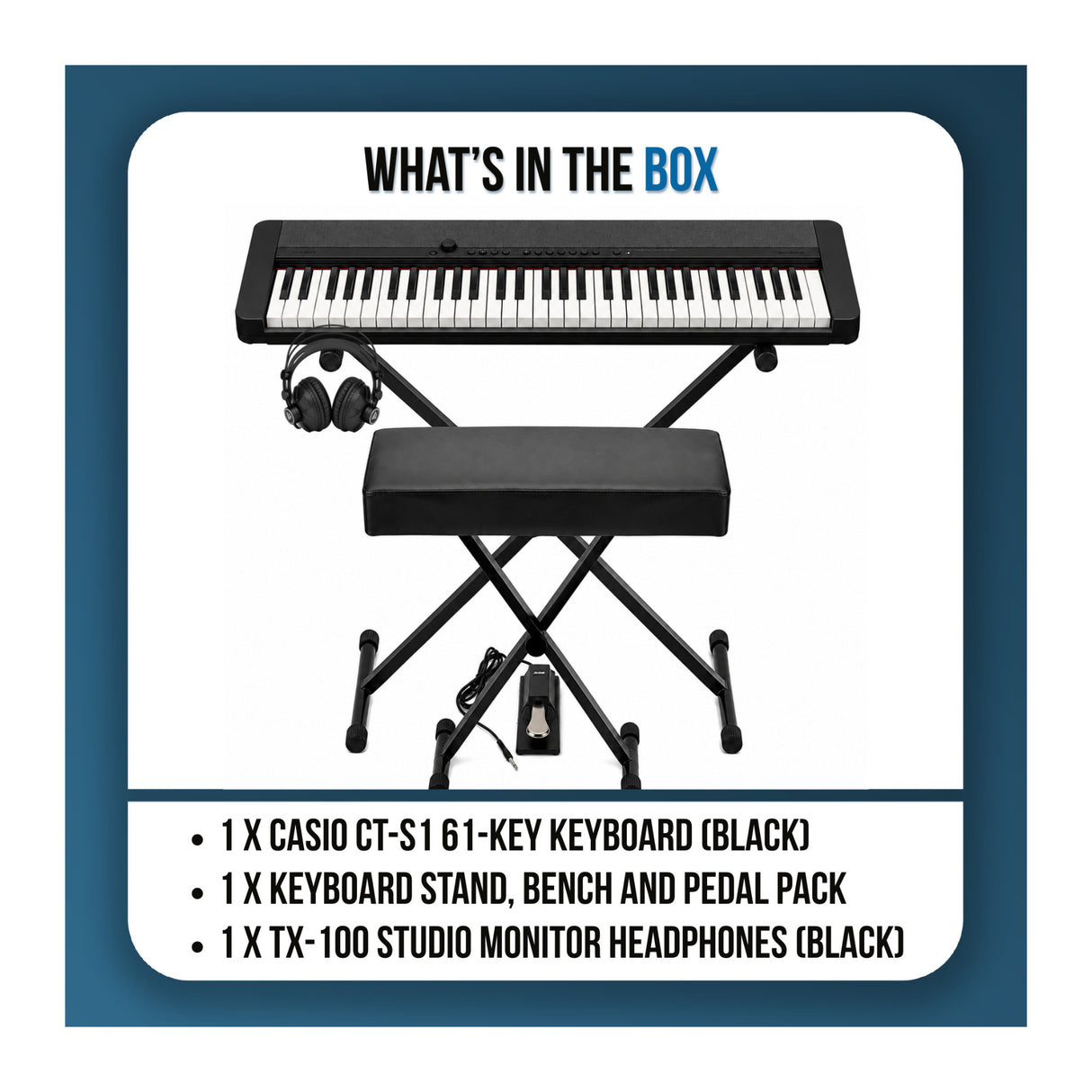 Casio Casiotone CT-S1 Black 61-Key Keyboard Bundle with Stand, Bench, Sustain Pedal, and Headphones