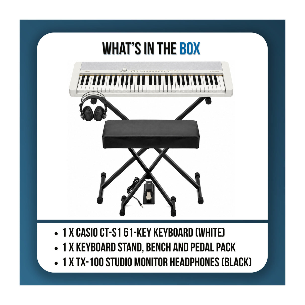Casio Casiotone CT-S1 White 61-Key Keyboard Bundle with Stand, Bench, Sustain Pedal, and Headphones