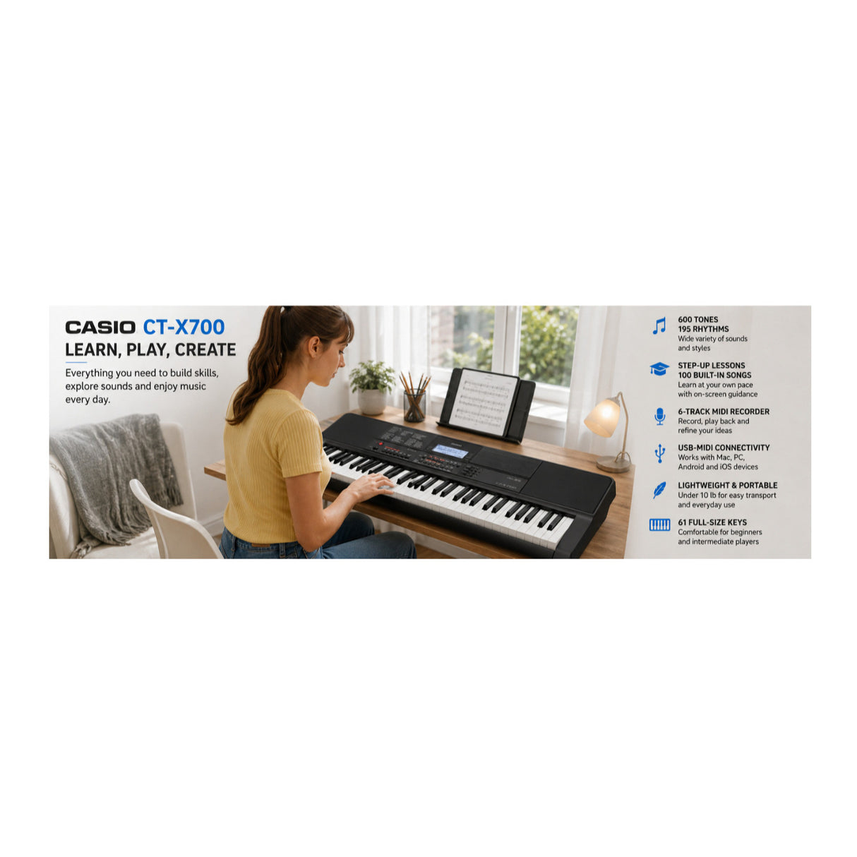 Casio CT-X700C3 61-Key Portable Keyboard Bundle with Stand, Bench, and Headphones