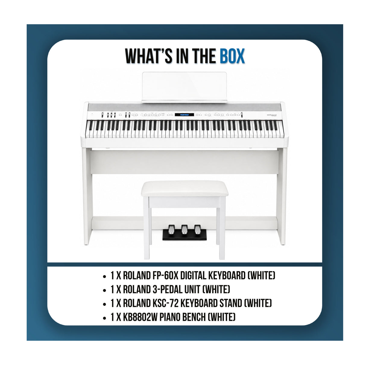 Roland FP-60X 88-Key PHA-4 Digital Piano Bundle with KSC-72 Stand, 3-Pedal Unit, and Bench (White)