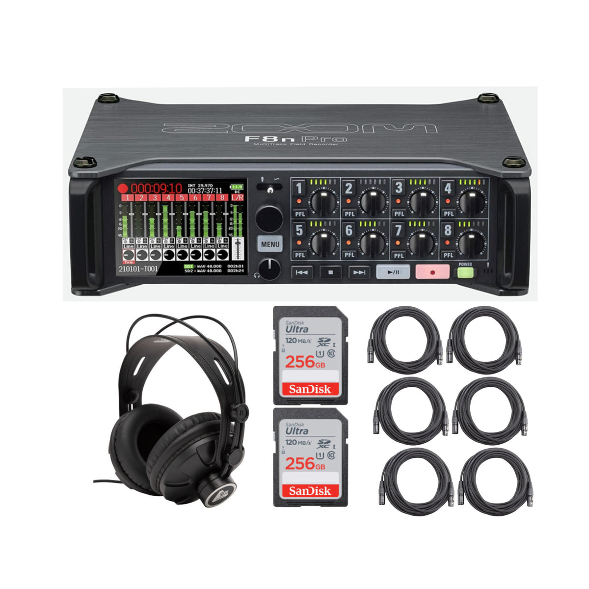 Zoom F8n Pro MultiTrack Field Recorder with Closed-Back Headphones and Accessory Bundle