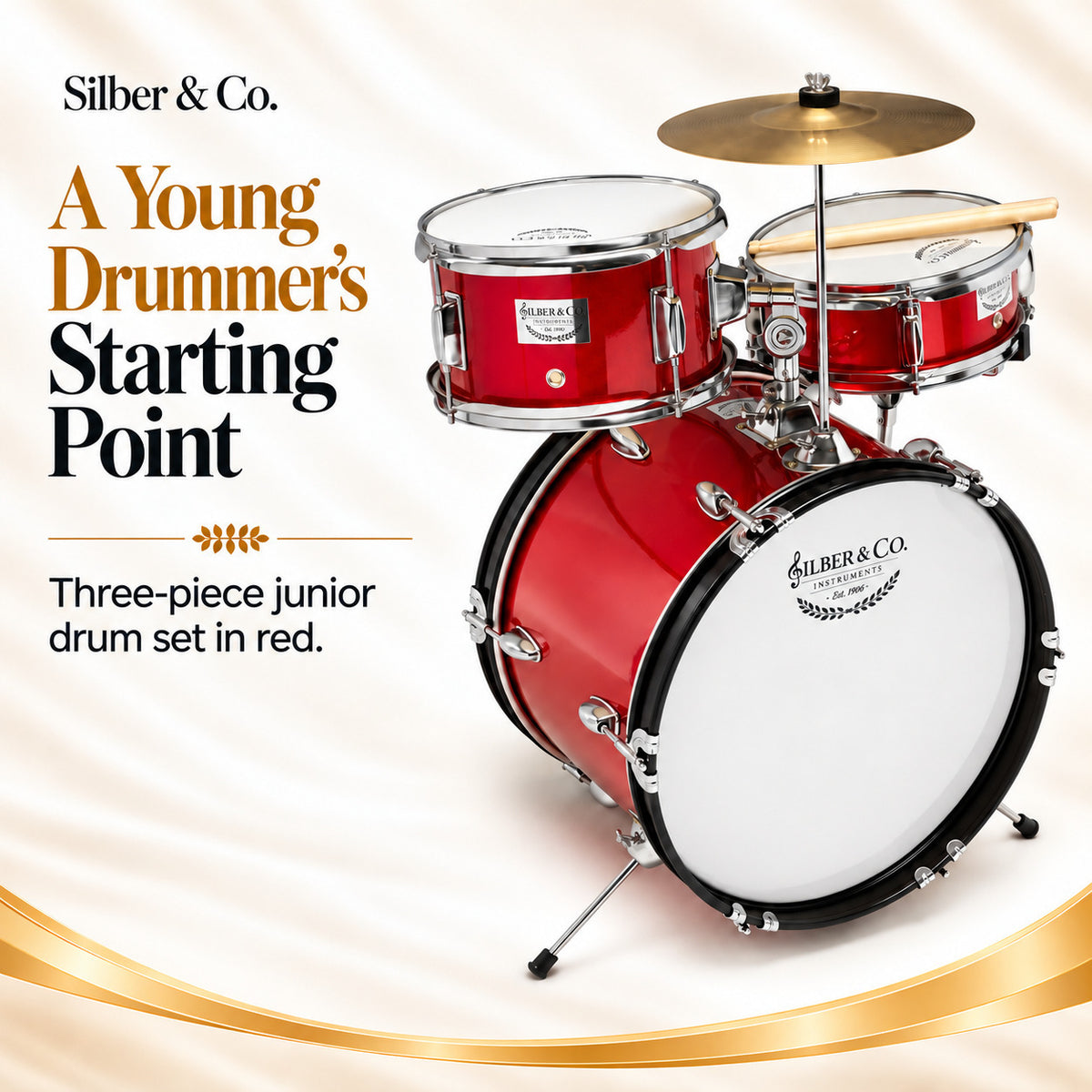 Silber & Co. 3 Piece Junior Drum Set (Red) with Throne and Cymbal