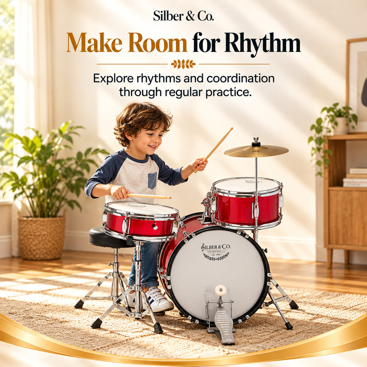Silber & Co. 3 Piece Junior Drum Set (Red) with Throne and Cymbal