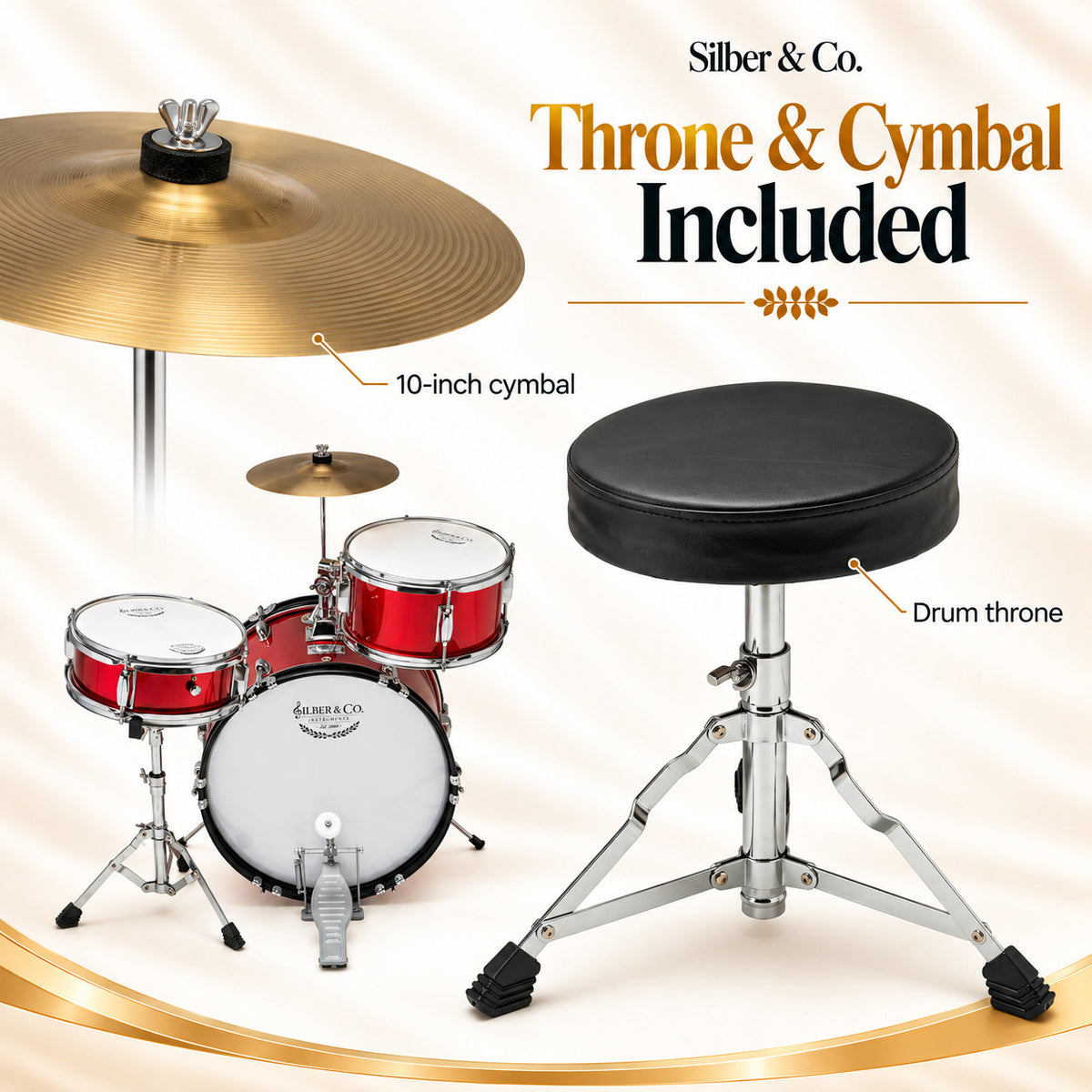 Silber & Co. 3 Piece Junior Drum Set (Red) with Throne and Cymbal