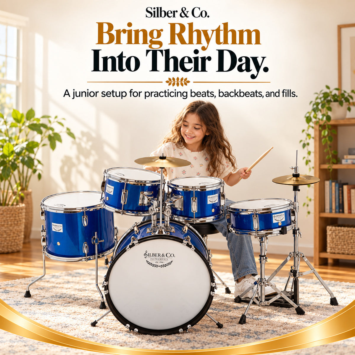 Silber & Co. 5 Piece Complete Junior Drum Set (Blue) with Throne