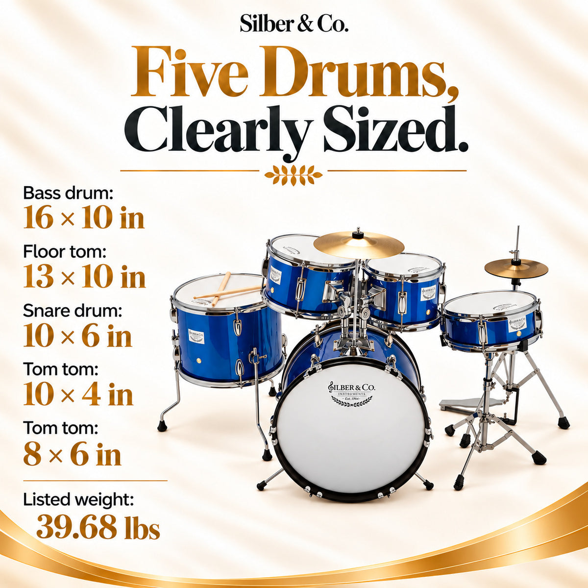 Silber & Co. 5 Piece Complete Junior Drum Set (Blue) with Throne