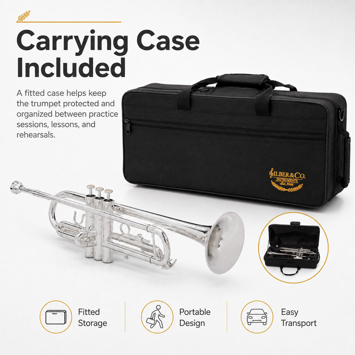 Silber & Co. Bb Trumpet (Silver) with 3 Piston Valves and Carrying Case Infog4