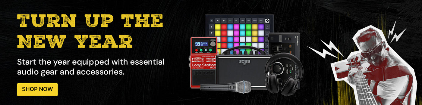 Promotional banner for audio gear and accessories with text and product images on a dark background.