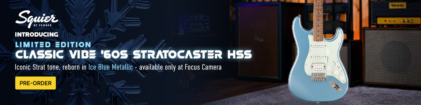 Squier limited edition guitar with promotional text on a dark background