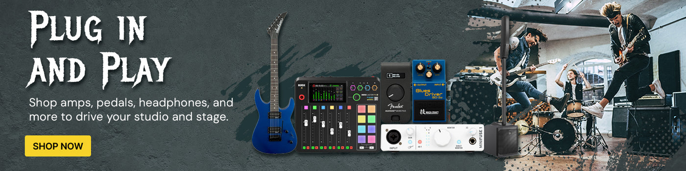 Guitar effects pedals and amplifiers with musicians playing in the background, featuring text 'Plug in and Play' and a 'Shop Now' button.