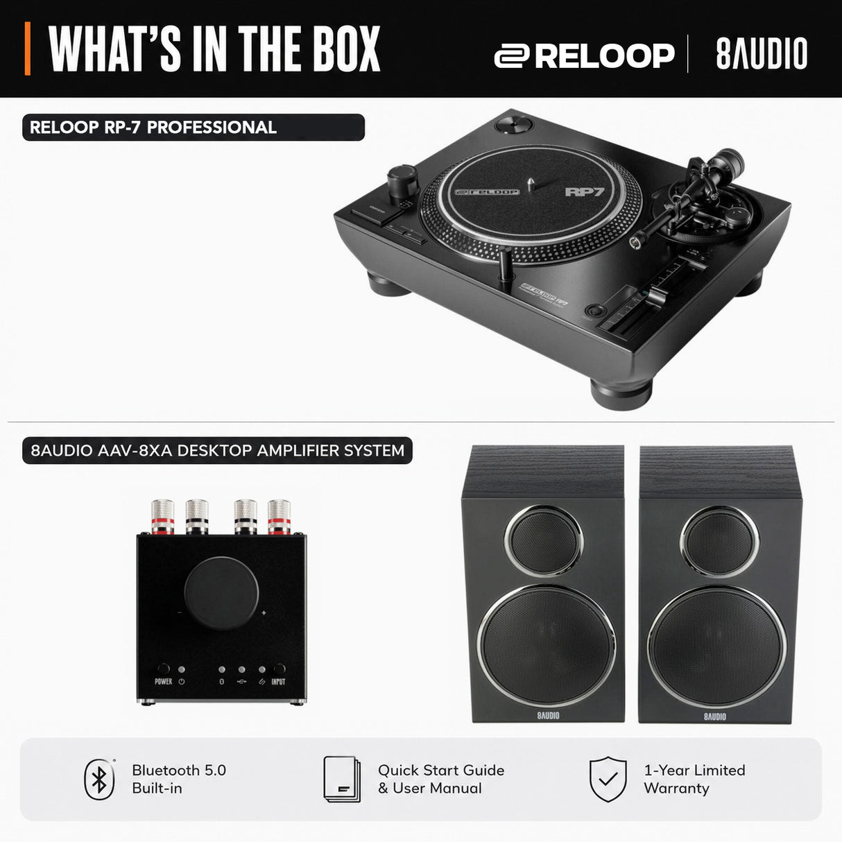 Reloop RP-7 Pro 7in Vinyl Turntable System with Amplifier and FR Speaker Bundle