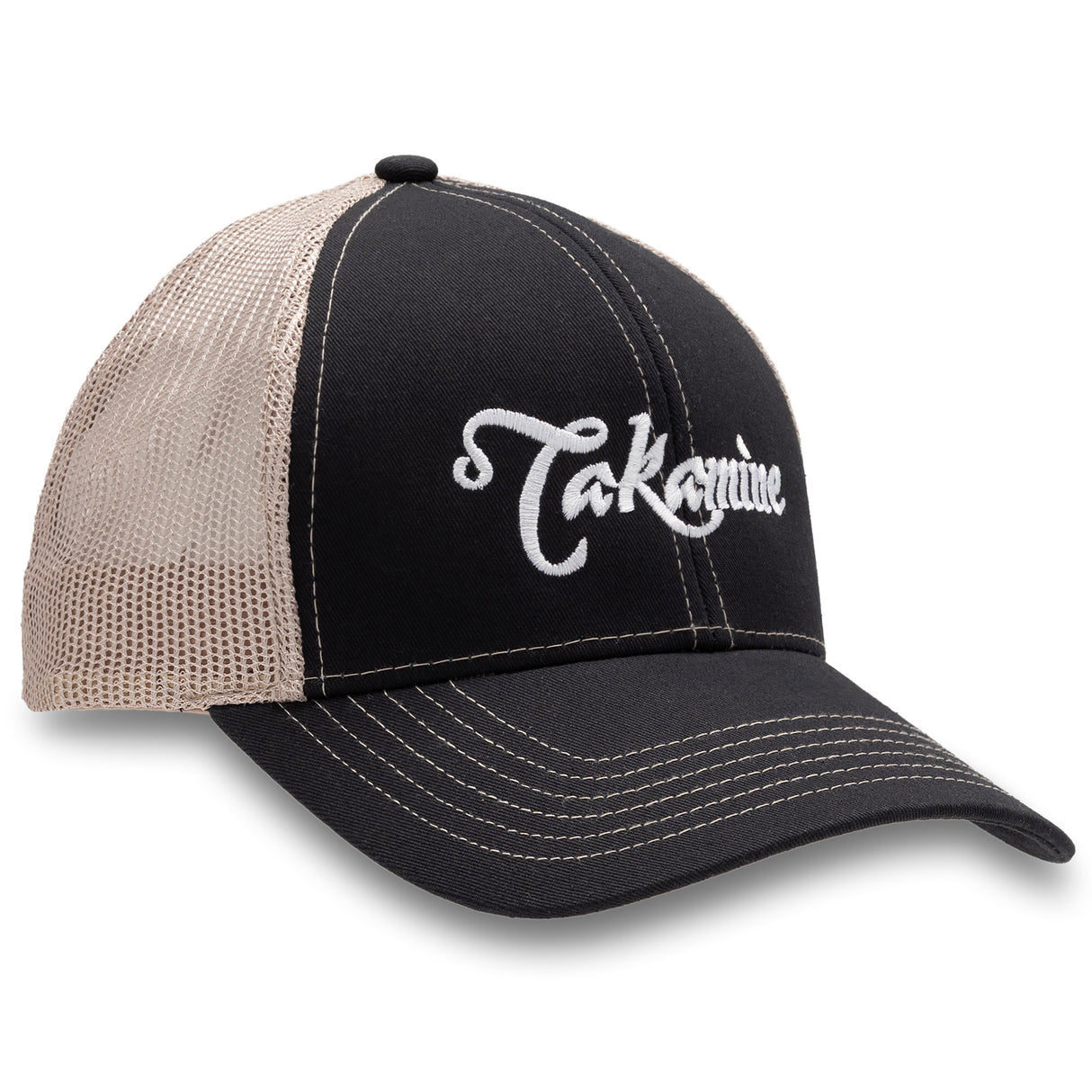 Takamine Guitars Trucker Hat with Adjustable Hook and Loop, One Size – Official Guitar Brand Cap (Black ,Tan)