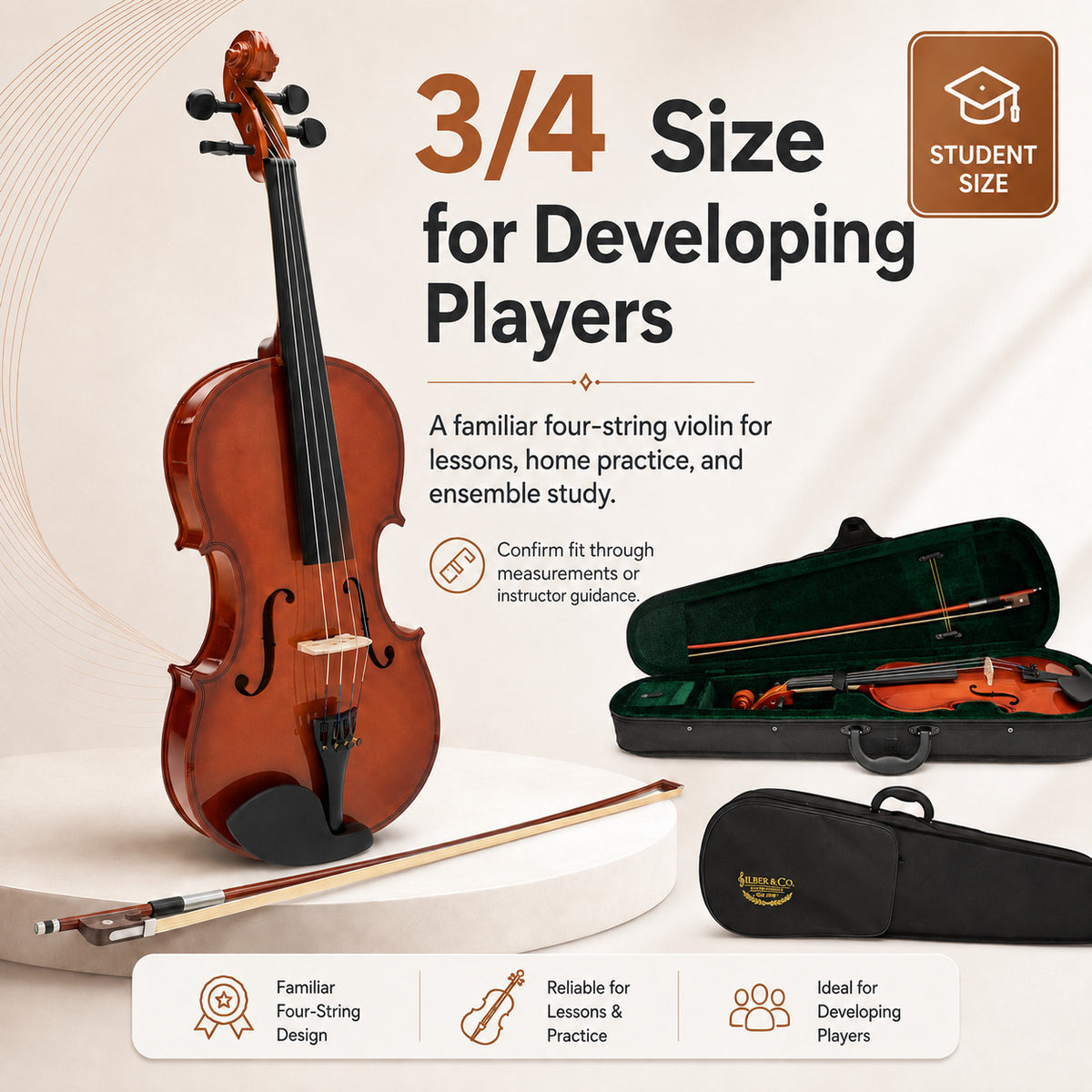 Silber & Co. 3/4-Size Violin Outfit with Bow and Carrying Case InfoG1