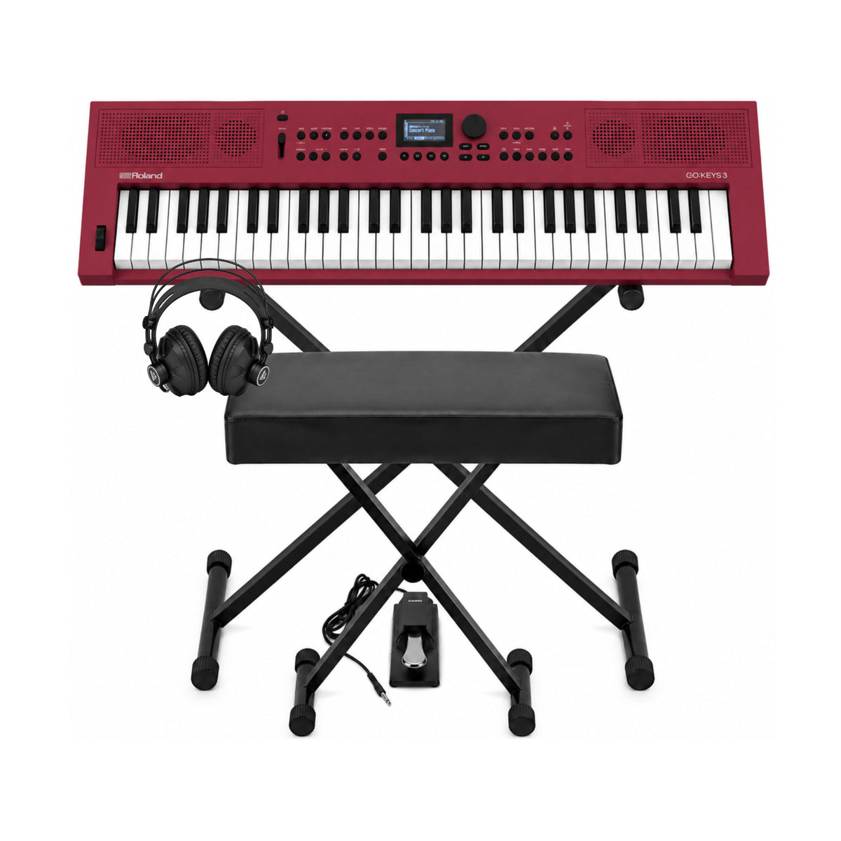 Roland GO:KEYS 3 Dark Red Keyboard with Stand, Bench, Pedal, and Headphones - 1