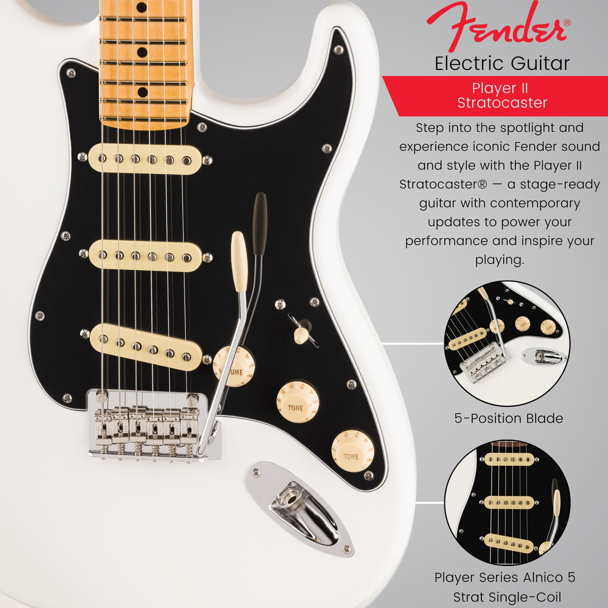 Fender Player II Stratocaster 6-String Electric Guitar with Maple Fingerboard (Polar White)