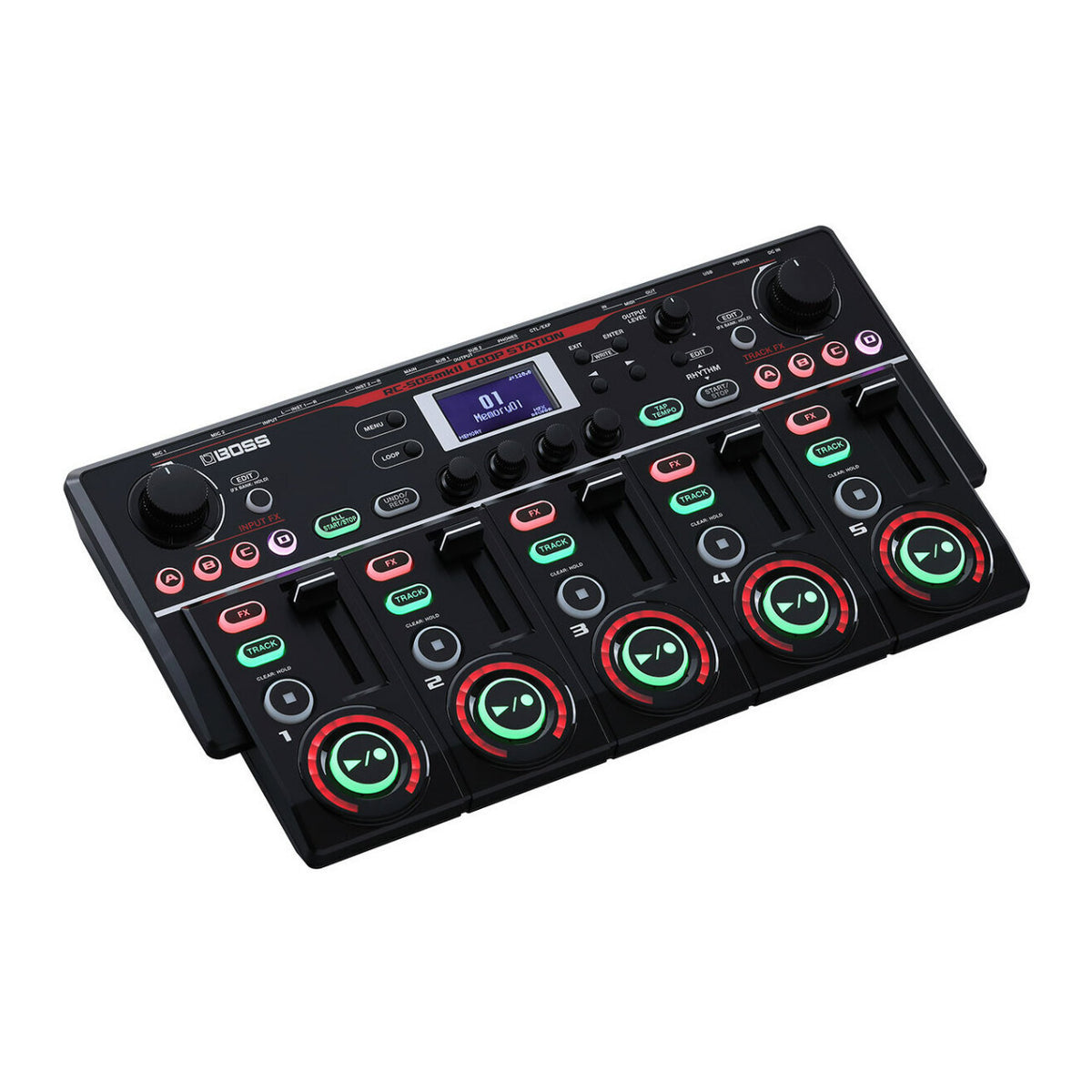 BOSS RC-505MKII Loop Station, Five simultaneous stereo phrase tracks. Input FX and Track FX sections.