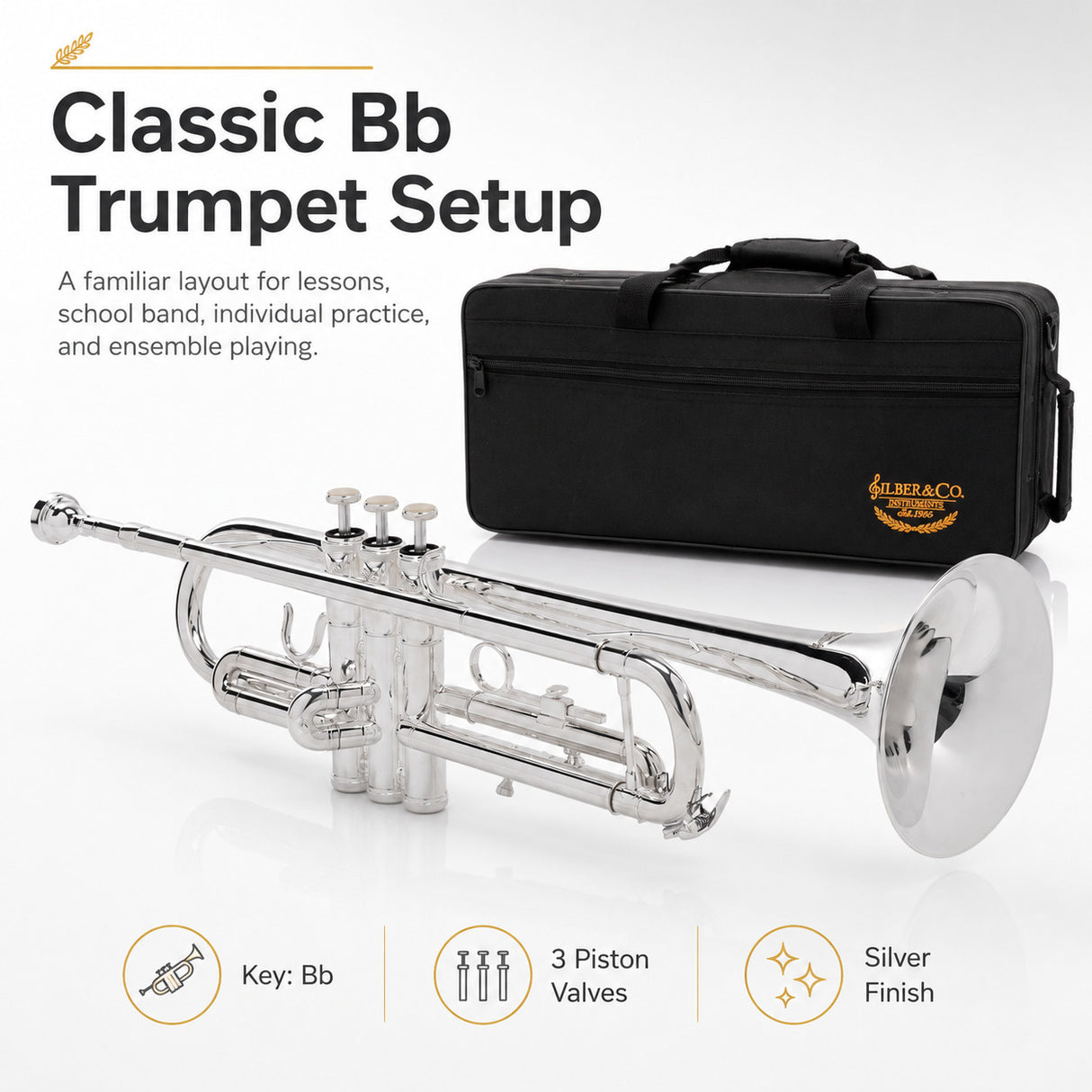 Silber & Co. Bb Trumpet (Silver) with 3 Piston Valves and Carrying Case Infog1