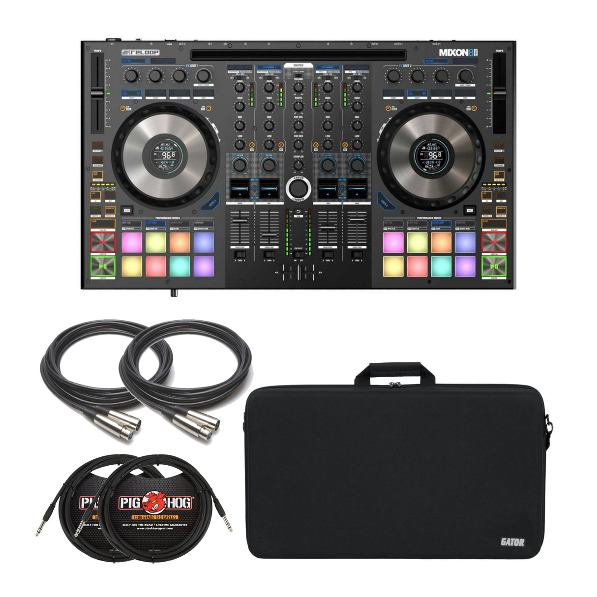 Reloop Mixon 8 Pro 4-channel DJ Controller with Case, XLR Cables, and TRS Cables