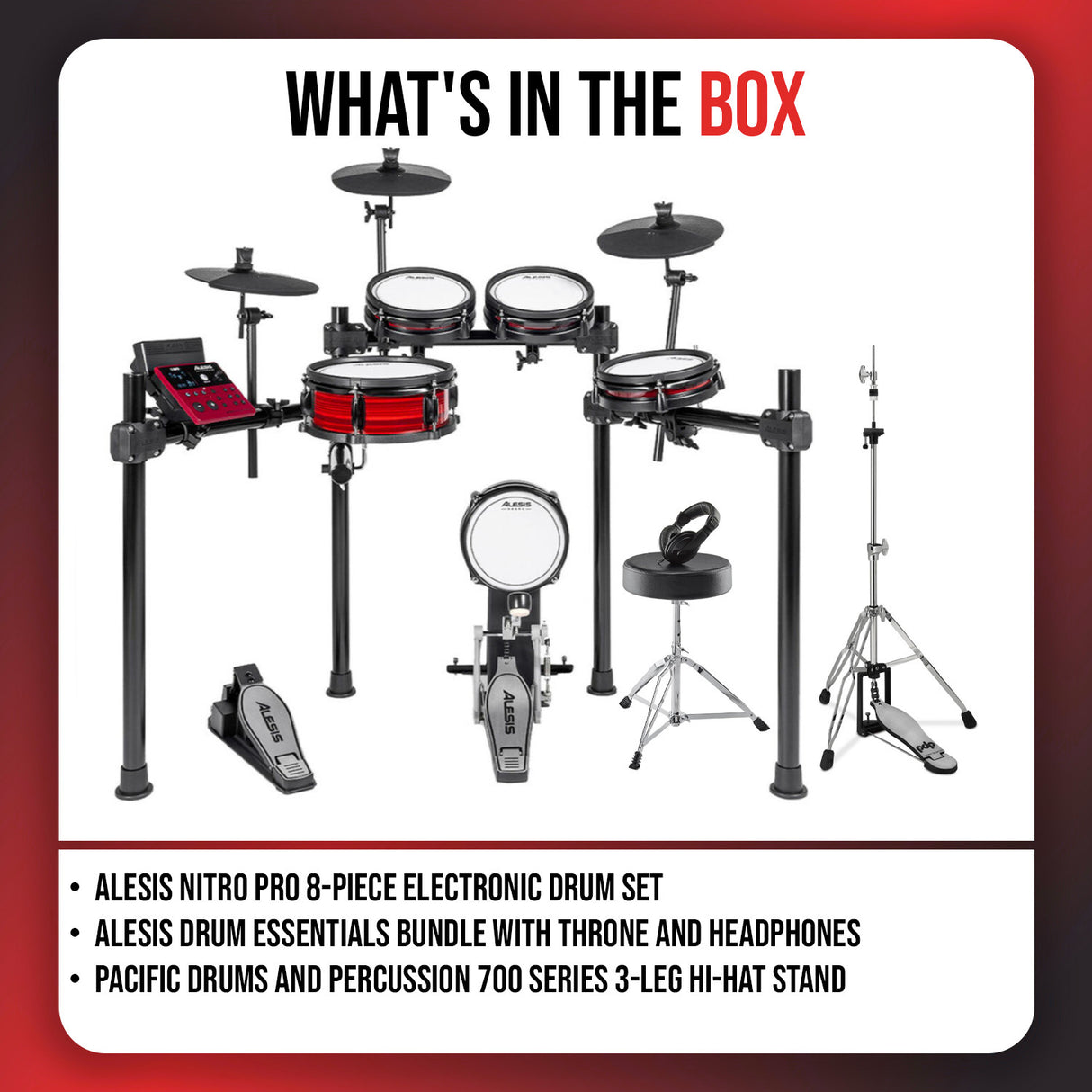 Alesis Nitro Ultimate 8-Piece Electronic Drum Kit with Throne, Headphones, and Hi-Hat Stand Bundle