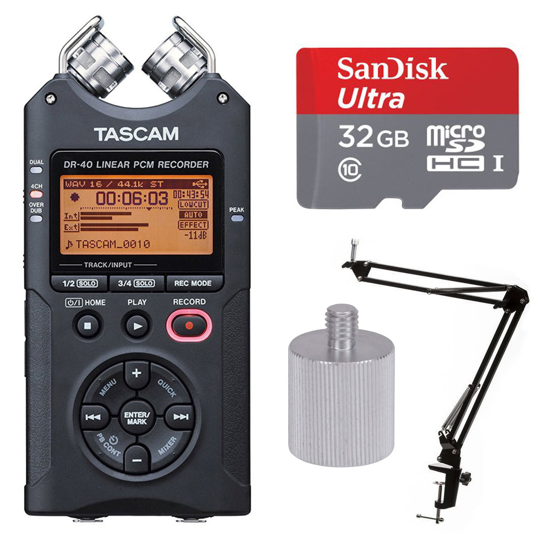Tascam DR-40 Handheld 4-Track Recorder with Boom Arm/Adapter and 32GB microSD