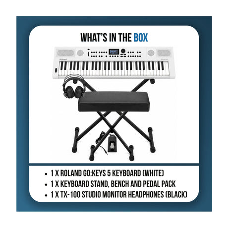 Roland GO:KEYS 5 White Keyboard with Stand, Bench, Pedal, and Headphones - 9