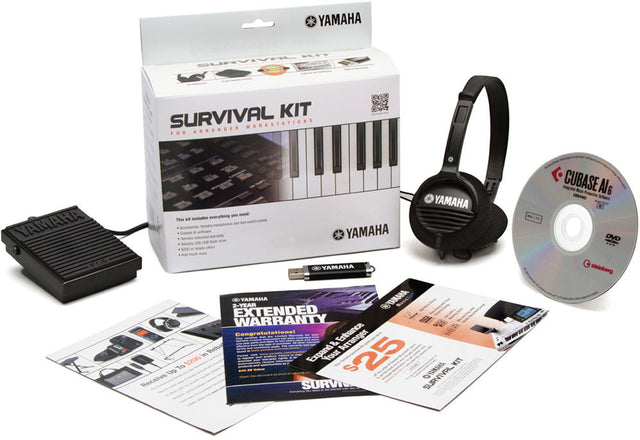 Yamaha Survival Kit with keyboard accessories, headphones, and other keyboard essentials on a white background
