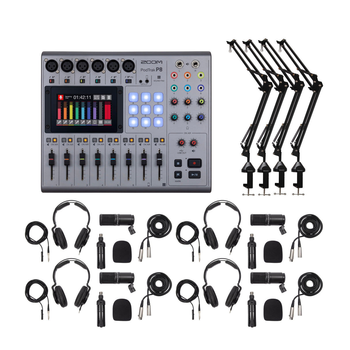 Zoom PodTrak P8 Multitrack Podcast Recorder + (4) Mic - Ultimate Bundle