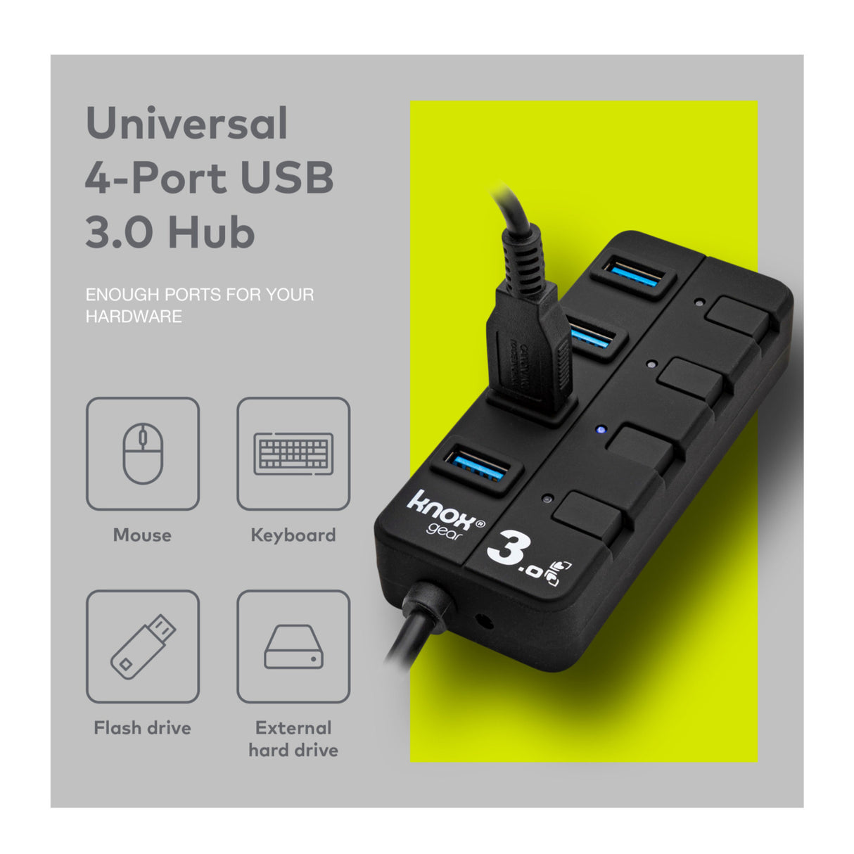 Knox Gear 4 Port 3.0 USB Hub with Individual Switches and LED Lights