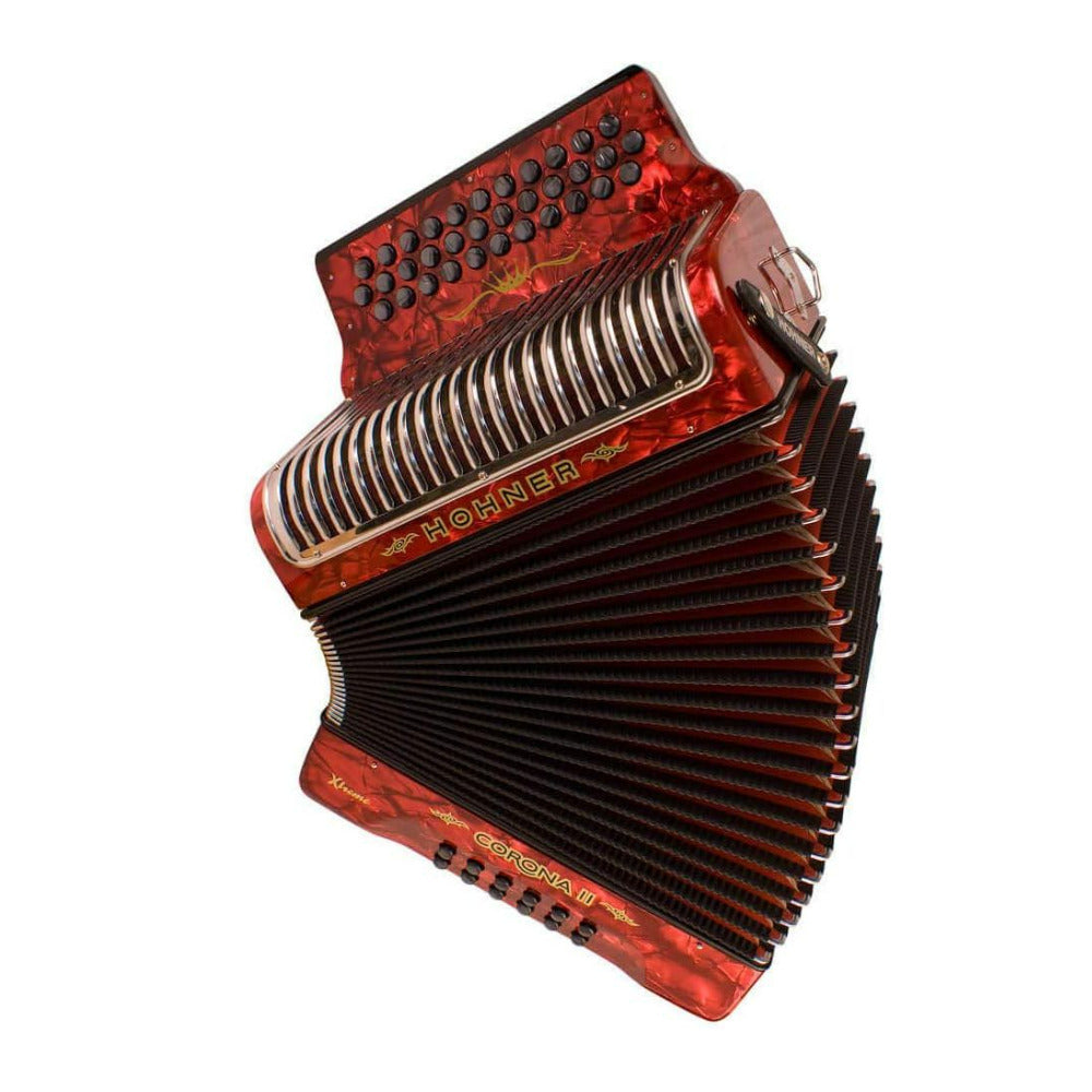 Hohner Corona Xtreme II 34 Button Bisonoric Accordion (FBbEb Keys, Pearl Red)