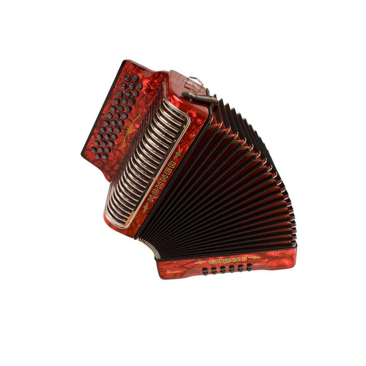 Hohner Corona Xtreme II 34 Button Bisonoric Accordion (FBbEb Keys, Pearl Red)