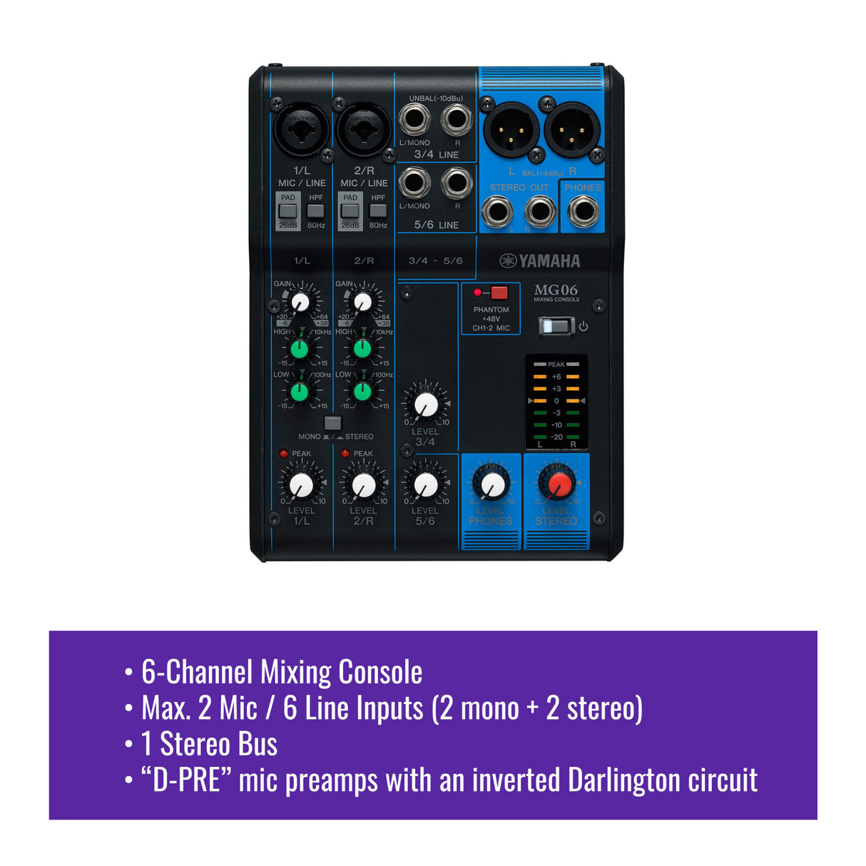 Yamaha MG06 6 Input Stereo Mixer with Microphone Stand and 3x XLR Cable Bundle