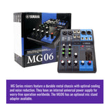 Yamaha MG06 6 Input Stereo Mixer with Microphone Stand and 3x XLR Cable Bundle