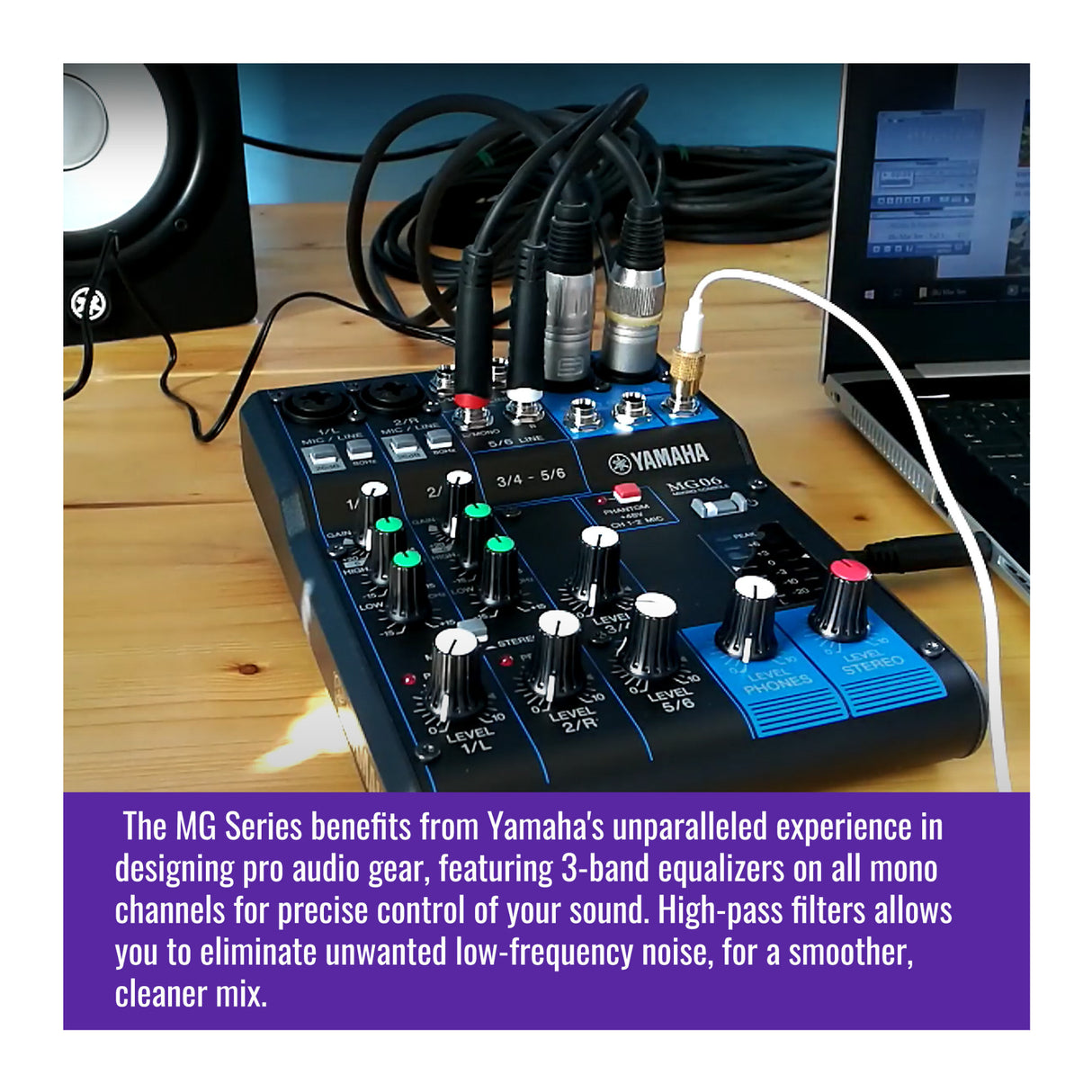 Yamaha MG06 6 Input Stereo Mixer with Microphone Stand and 3x XLR Cable Bundle