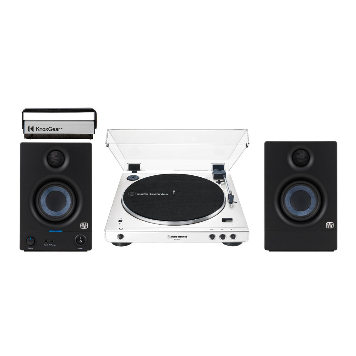 Audio-Technica AT-LP60XBT-WW Automatic Turntable (White) with Speakers Bundle