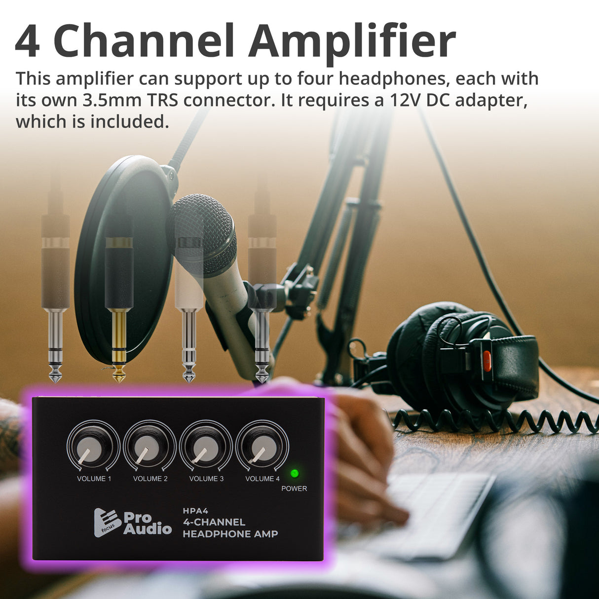 FocusProAudio Compact 4-Ch Stereo Headphone Amplifier with DC 12V Power Adapter